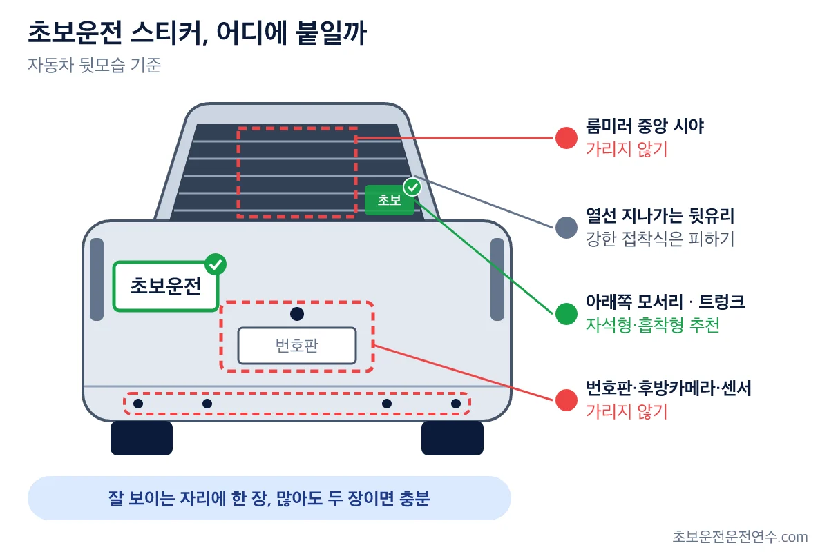 자동차 뒷모습에서 초보운전 스티커를 붙이기 좋은 위치와 룸미러 시야·열선·번호판·센서처럼 피해야 할 위치를 표시한 그림