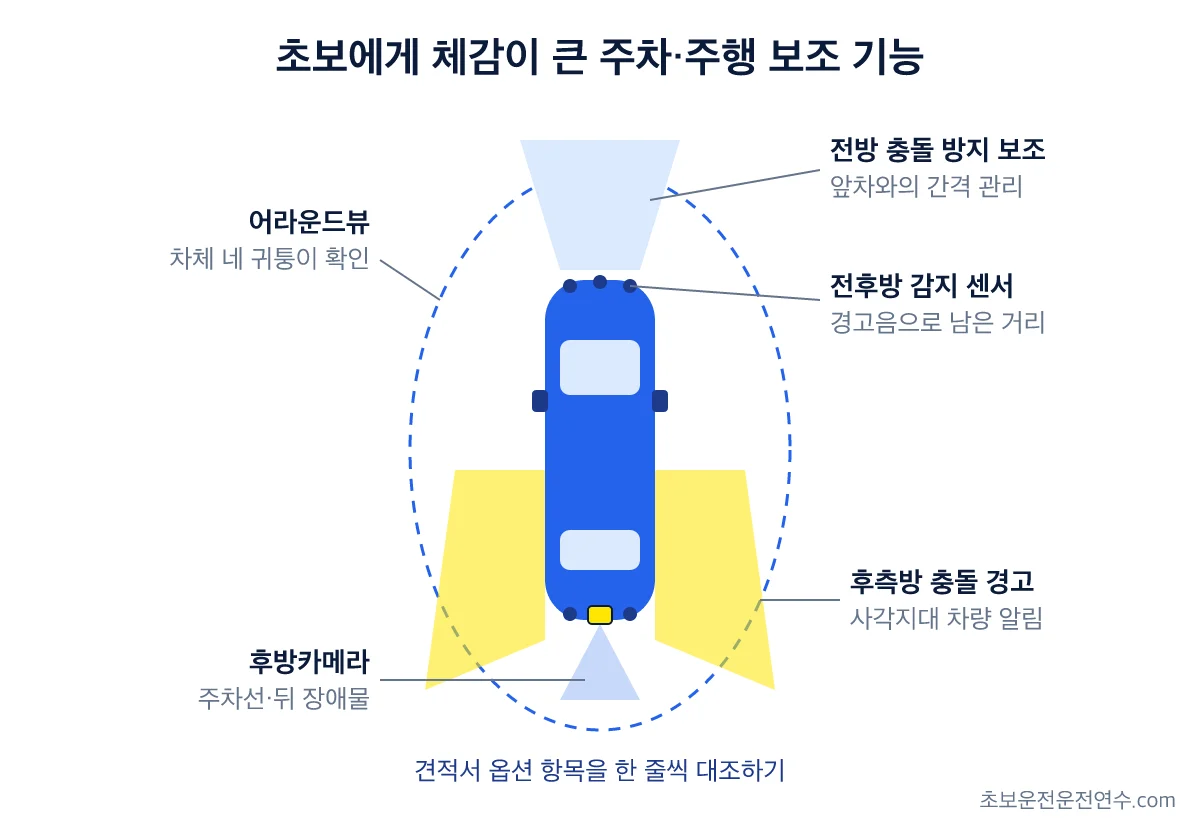 위에서 본 차량에 후방카메라, 전후방 감지 센서, 어라운드뷰, 후측방 충돌 경고, 전방 충돌 방지 보조가 살피는 범위를 표시한 그림