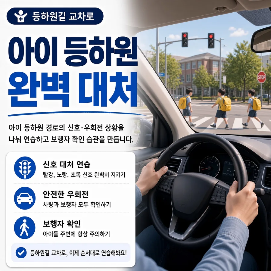 등하원길 교차로 — 초등학교 앞 횡단보도와 신호에서 보행자 확인·우회전을 연습하는 운전석 시점